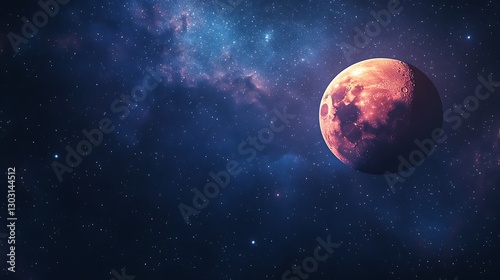 A vibrant lunar eclipse with the moon appearing deep red against a starry backdrop