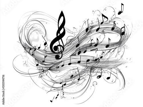 Black and white illustration of abstract musical notes and pentagrams dancing in the air.