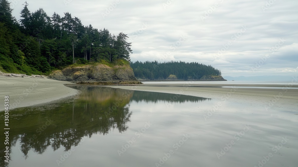 Serene Coastal Landscape Trees Reflected in Calm Water on Sandy Beach