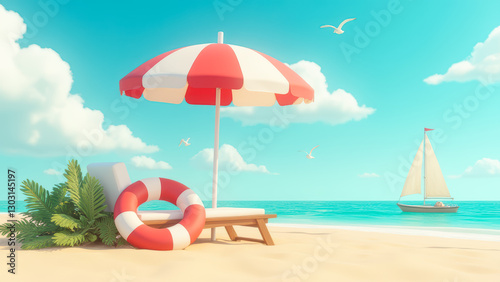 Tropical beach scene with a red and white umbrella, sailing boat, life preserver, and serene turquoise water under a clear sky