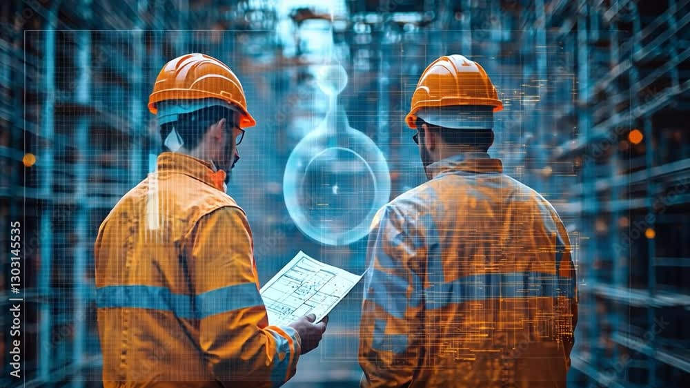 Innovation in Action: Two industrial workers, in hard hats and safety gear, engrossed in analyzing a blueprint, with a futuristic holographic projection of a structure shimmering in the background.