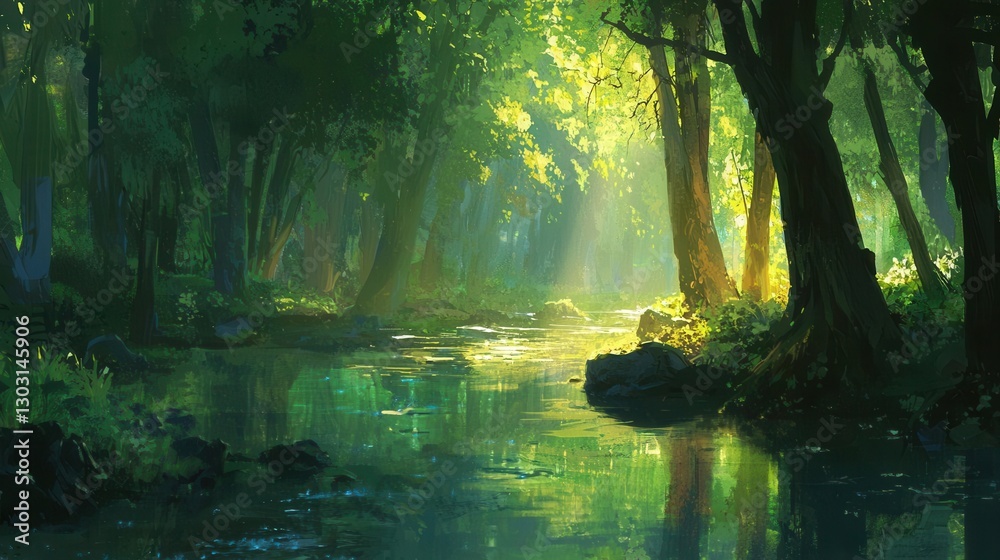 Fototapeta premium Sunlit Forest Stream Tranquil Nature Scene