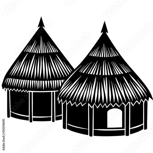 Traditional thatched roof huts silhouette vector illustration 