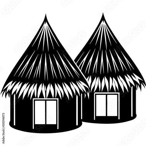 Traditional thatched roof huts silhouette vector illustration 