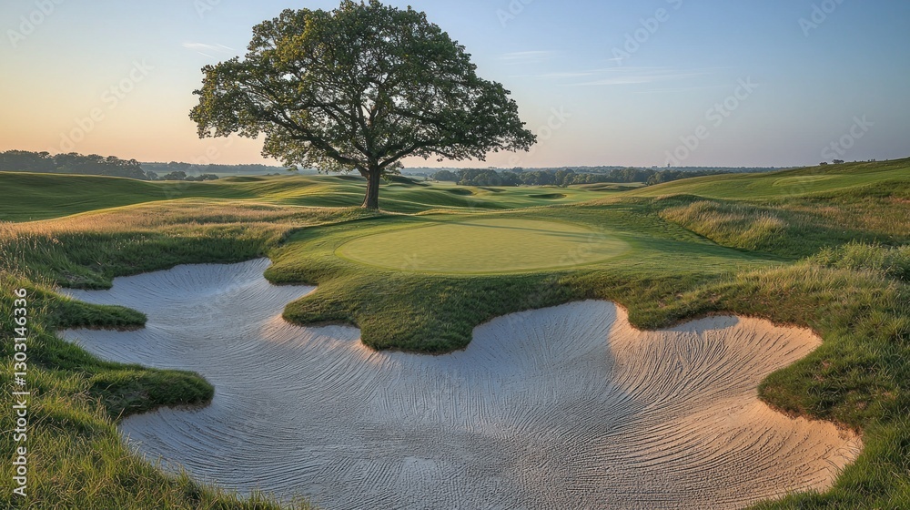 Obraz premium Sunrise golf course fairway with large tree and sand trap