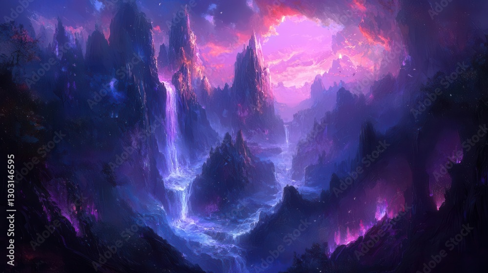 Ethereal Mountain Range with Glowing Waterfalls at Sunset Ethereal Mountain Range with Glowing Waterfalls at Sunset