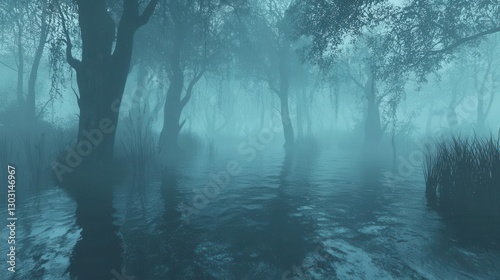 Enigmatic Foggy Forest River Scene Mysterious Atmosphere