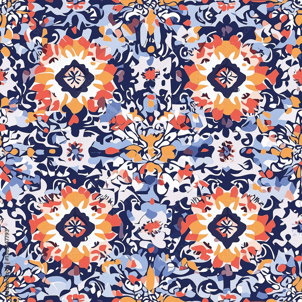Fototapeta premium Colorful oriental mosaic square rug print with geometric ornament. floral motifs and geometric ornaments Design for a scarf, shawl, plaid, pareo, hijab, scarf and other textiles