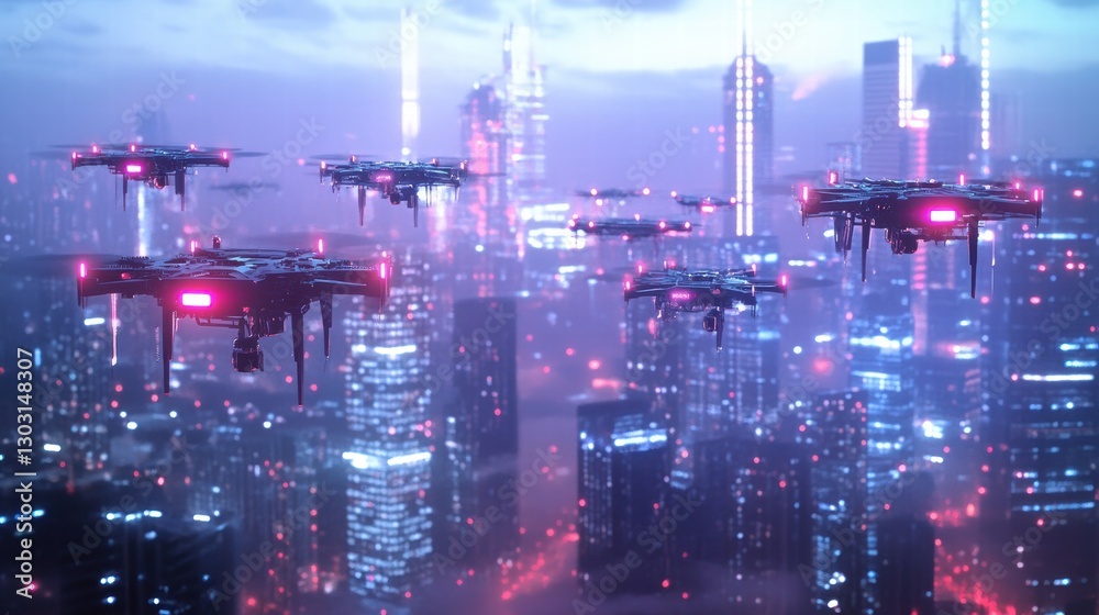 AI-controlled drone swarm scanning urban city AI-controlled drone swarm scanning urban city