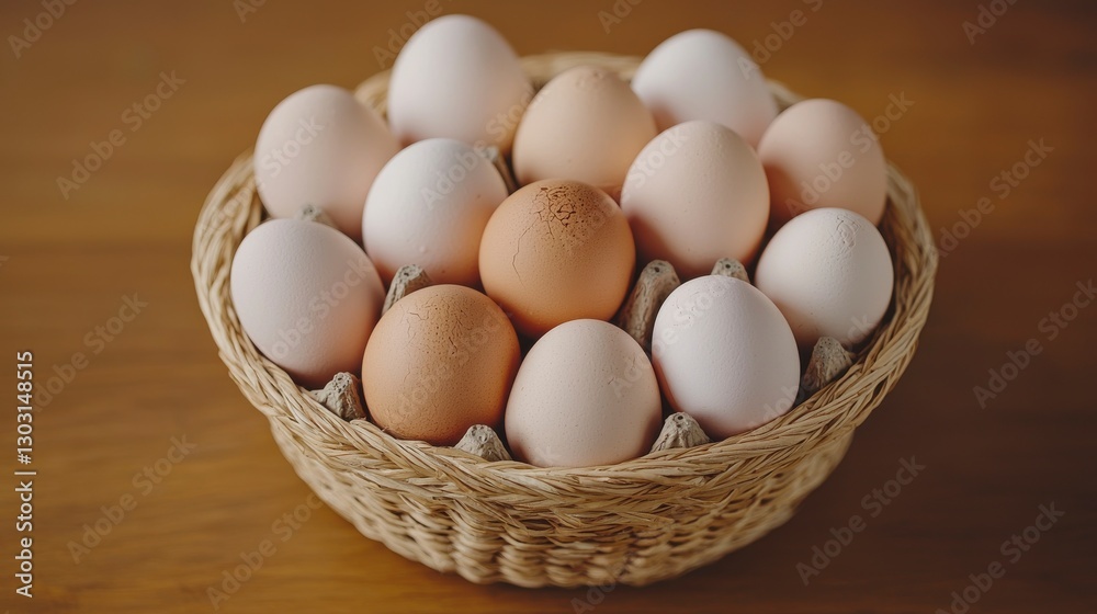 Fresh Eggs in a Woven Basket for a Morning Breakfast Scene Fresh Eggs in a Woven Basket for a Morning Breakfast Scene