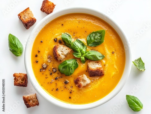 Creamy pumpkin soup garnished with croutons and fresh basil. 