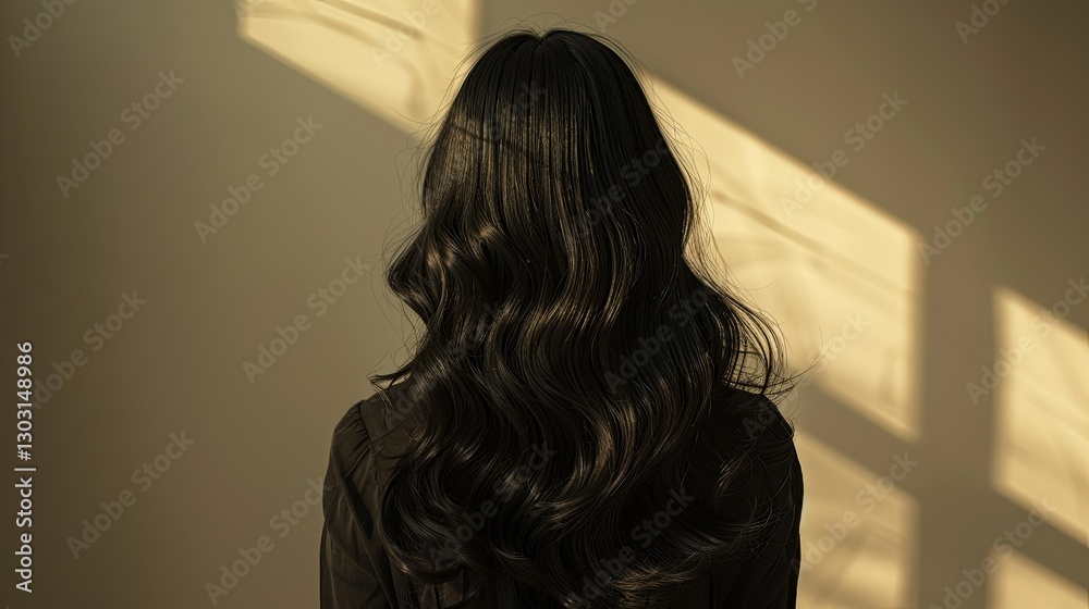 Person seen from behind with long wavy dark hair Person seen from behind with long wavy dark hair