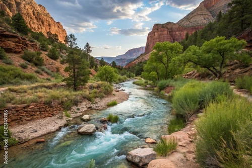 A colorful portrayal of a meandering stream gracefully navigating through a rugged terrain, where crystalline waters mirror encompassing elements, evoking a tranquil and organic ambiance