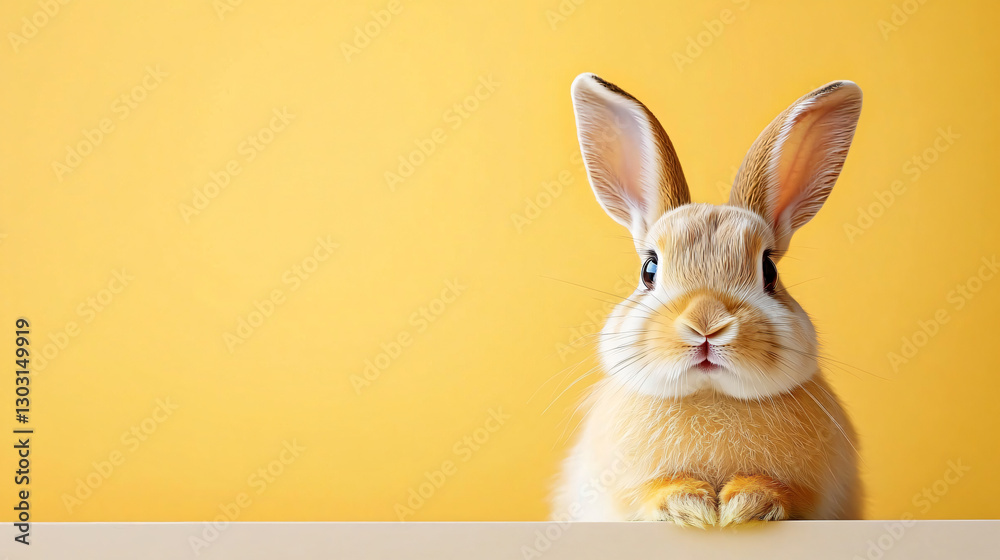 Obraz premium A close-up of a cute light tan bunny rabbit on a cream ledge against a bright yellow background, perfect for Easter promotions, children's parties, or pet-themed designs.