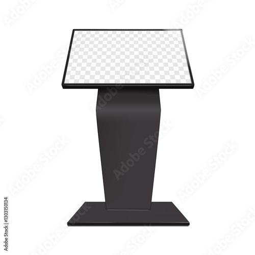 Touch screen self-service kiosk. Realistic 3d vector mockup. Interactive angled tilt touchscreen retail display. Mock-up. Empty transparent LCD LED screen. Template for design