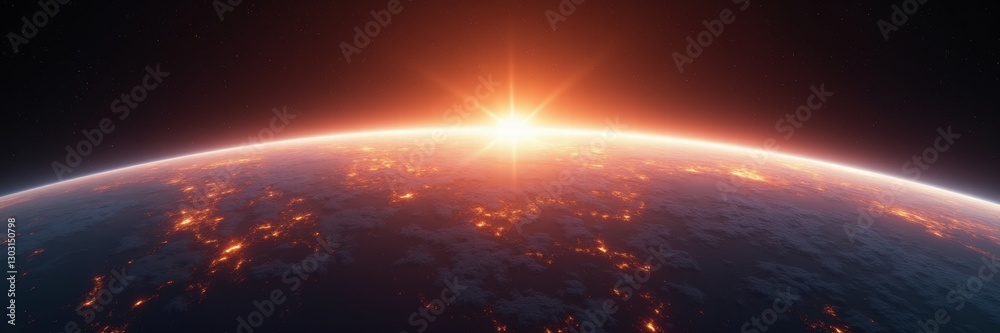 Stunning view of earth from space at sunrise, showcasing fiery colors illuminating the horizon and highlighting the planet's surface. Stunning view of earth from space at sunrise, showcasing fiery colors illuminating the horizon and highlighting the planet's surface.