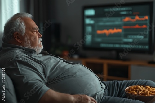 Middle-aged individual sits comfortably on a couch in a warm living room, watching television and snacking. The scene highlights the effects of a sedentary lifestyle photo