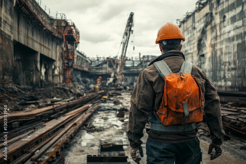 custom made wallpaper toronto digitalWorker views industrial ruin under grey sky.