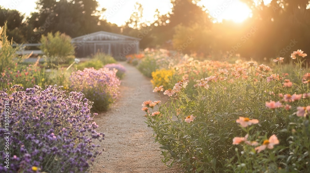 Fototapeta premium Golden Hour Garden Path with Blooming Flowers