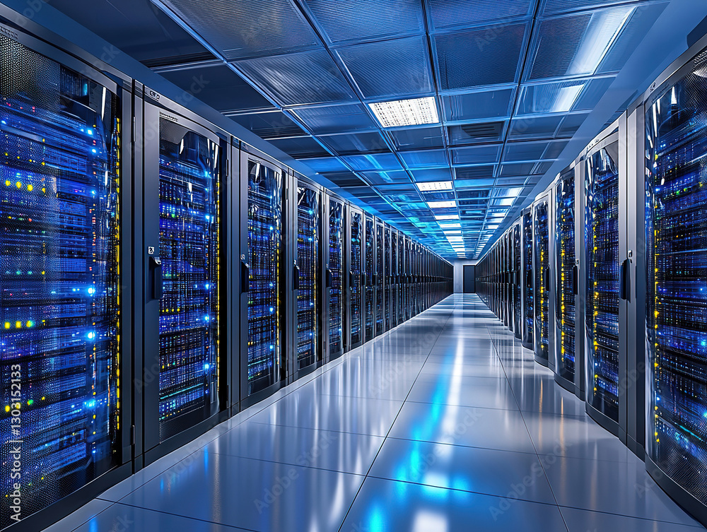 High-Tech Data Center Hallway with Servers, Supercomputers, and Cloud Storage Benefits Icon High-Tech Data Center Hallway with Servers, Supercomputers, and Cloud Storage Benefits Icon
