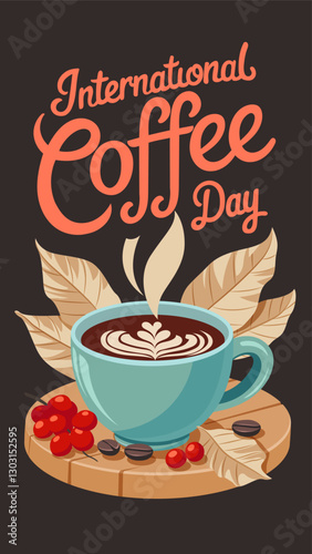 Vertical banner featuring a cup of coffee, coffee beans, and coffee tree leaves with ‘International Coffee Day lettering. Vector illustration