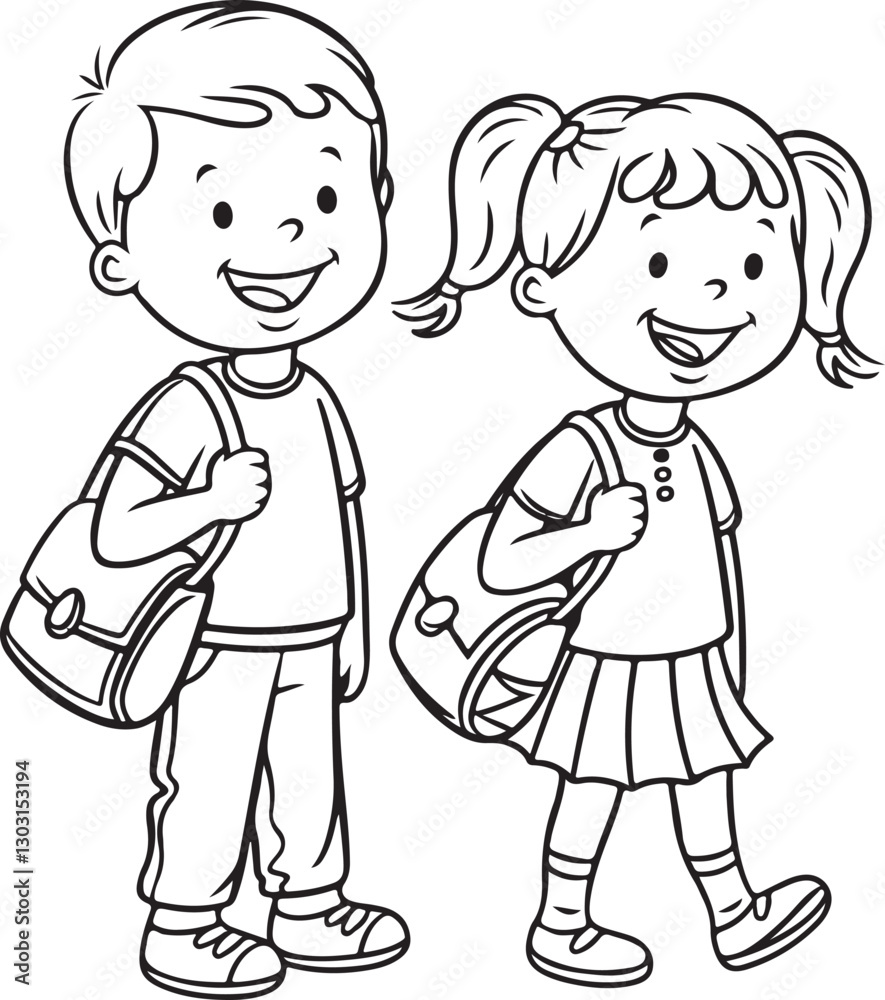 Children Black Outline Holding School Bag with a book Line art vector clipart illustration . Children Black Outline Holding School Bag with a book Line art vector clipart illustration .