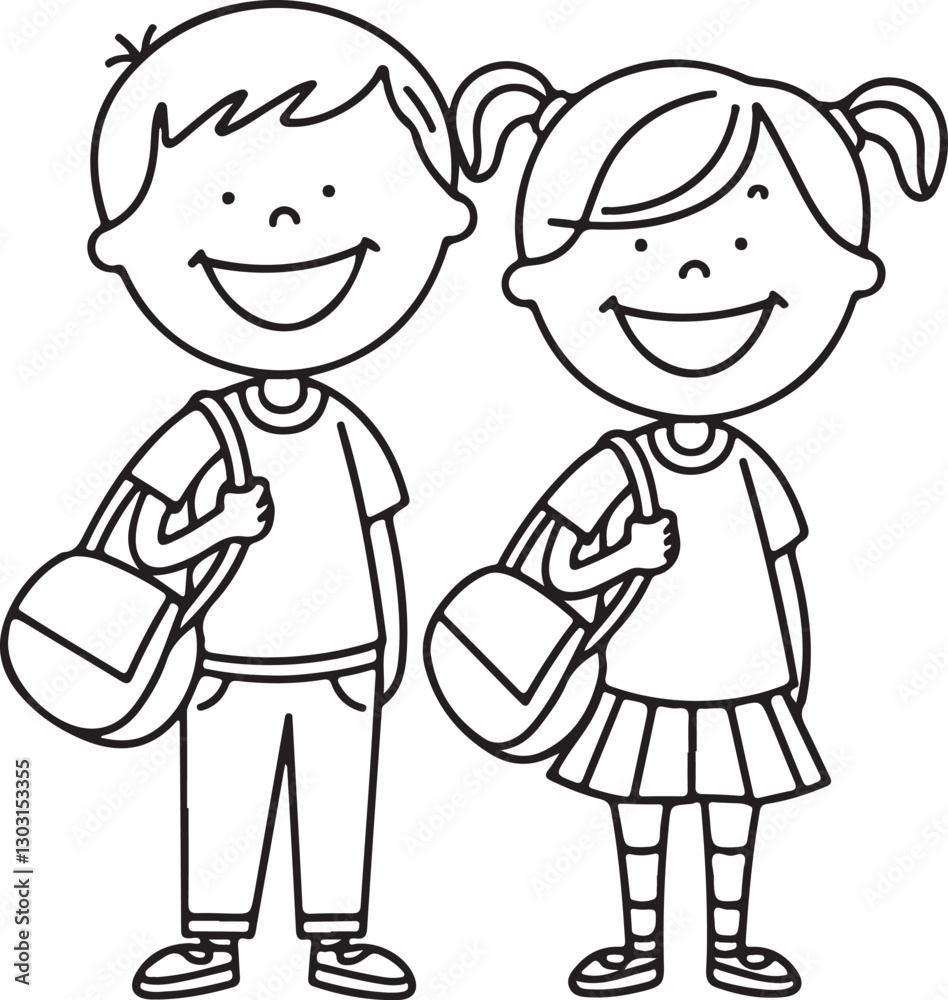 Children Black Outline Holding School Bag with a book Line art vector clipart illustration . Children Black Outline Holding School Bag with a book Line art vector clipart illustration .