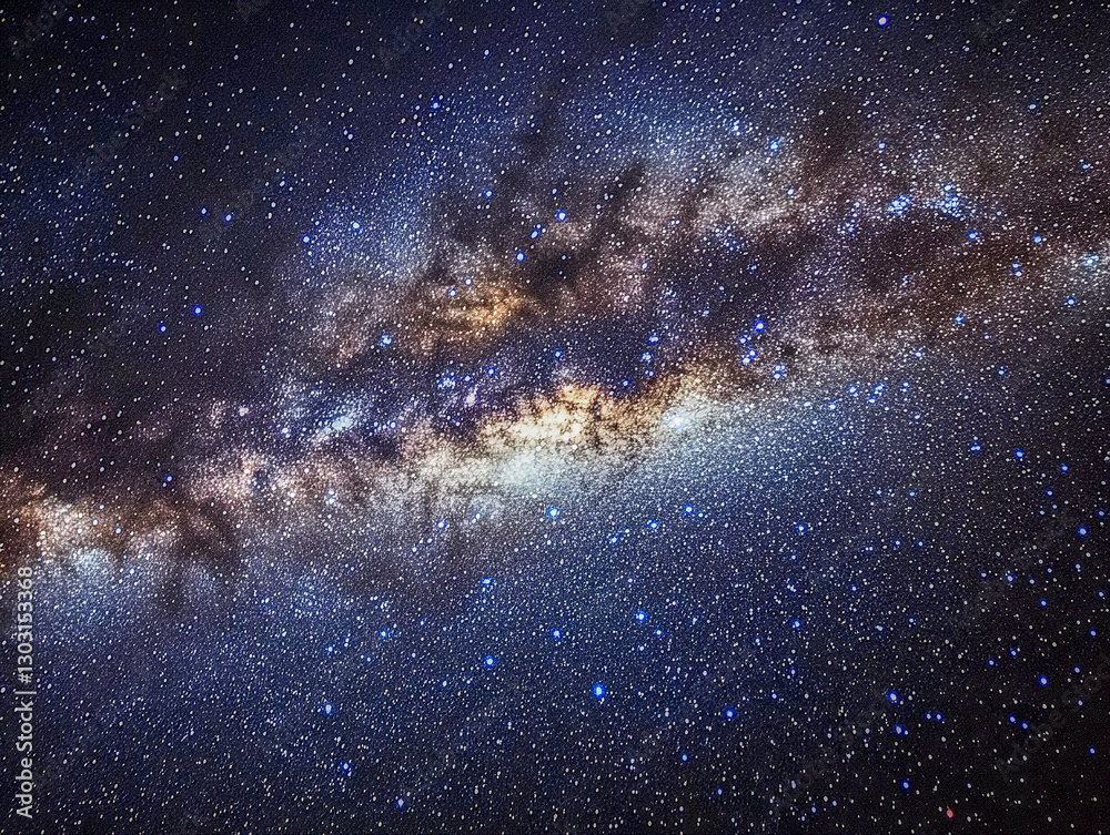 Obraz premium Twinkling stars fill the expansive night sky, with the milky way stretching across in vibrant blue tones, evoking dreams and the mysteries of the universe