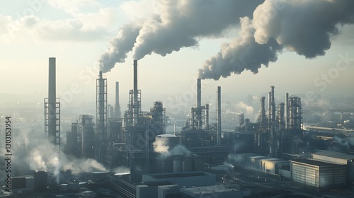 A pollution-heavy skyline showcases industrial smokestacks emitting steam into the atmosphere under a hazy sky.