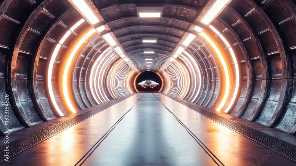 A futuristic tunnel with illuminated walls leading to a hovering vehicle. A futuristic tunnel with illuminated walls leading to a hovering vehicle.
