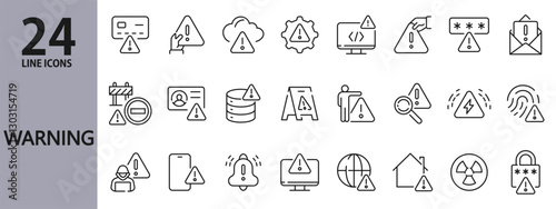Warning line icons set with Alert, Attack, Shield, Caution, Danger, Safety, Siren and more. Editable Stroke