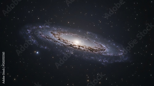 The faint outline of a dwarf galaxy glowing softly against the vast darkness of space