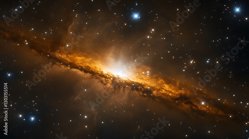 The faint outline of a galaxy seen through the glow of cosmic dust clouds