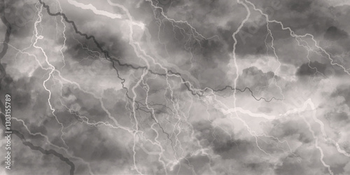 watercolor background. monochrome white and grey watercolor background. Thunder, lightnings and rain at night during summer storm.
