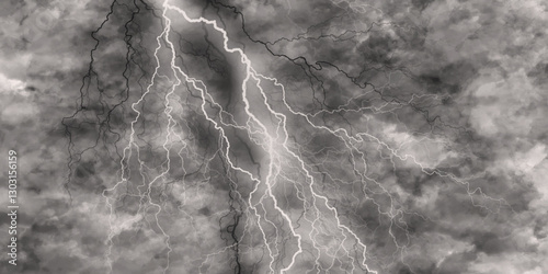 watercolor background. monochrome white and grey watercolor background. Thunder, lightnings and rain at night during summer storm.
