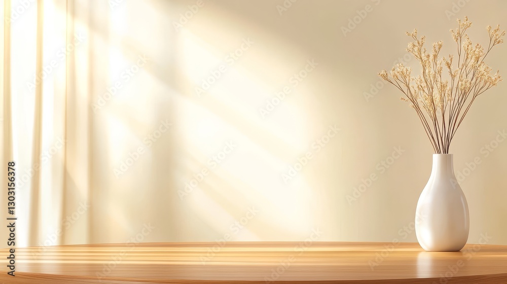 Elegant vase with dried flower on a wooden table, soft sunlight filtering through curtains Elegant vase with dried flower on a wooden table, soft sunlight filtering through curtains