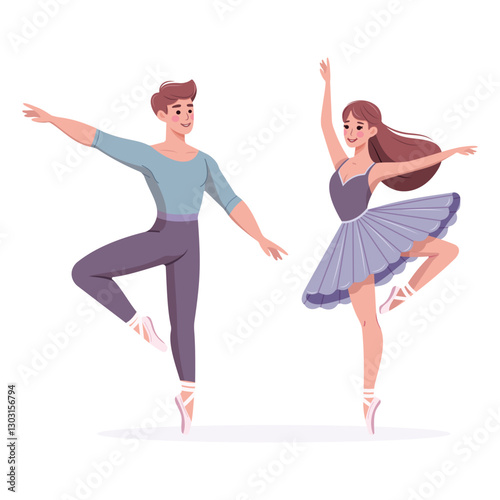 Couple of pretty and gentle ballerina man and woman dancing on white background. Poster, Banner, Flyer, Greeting Card. Vector illustration in flat cartoon style