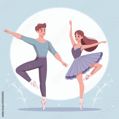 Couple of pretty and gentle ballerina man and woman dancing on white background. Poster, Banner, Flyer, Greeting Card. Vector illustration in flat cartoon style