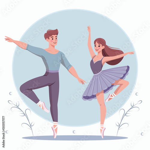 Couple of pretty and gentle ballerina man and woman dancing on white background. Poster, Banner, Flyer, Greeting Card. Vector illustration in flat cartoon style