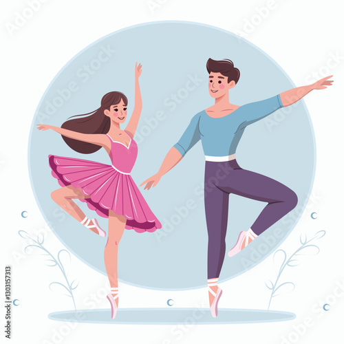 Couple of pretty and gentle ballerina man and woman dancing on white background. Poster, Banner, Flyer, Greeting Card. Vector illustration in flat cartoon style