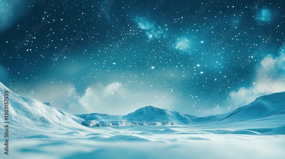Fototapeta premium Snowy Village Under a Starry Winter Night Sky