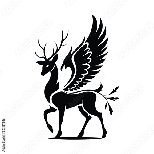 Majestic Winged Deer Fantasy Silhouette Icon – Mythical Creature Vector Illustration