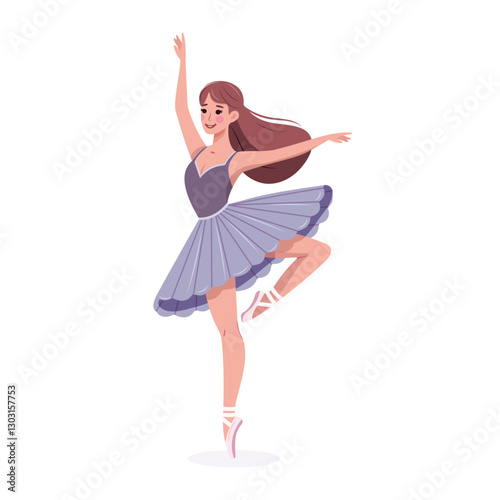 Pretty and gentle ballerina girl in dress dancing on white background. Poster, Banner, Flyer, Greeting Card. Vector illustration in flat cartoon style