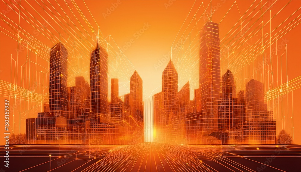 Obraz premium Modern buildings, abstract city network connection, city landscape backgrounds