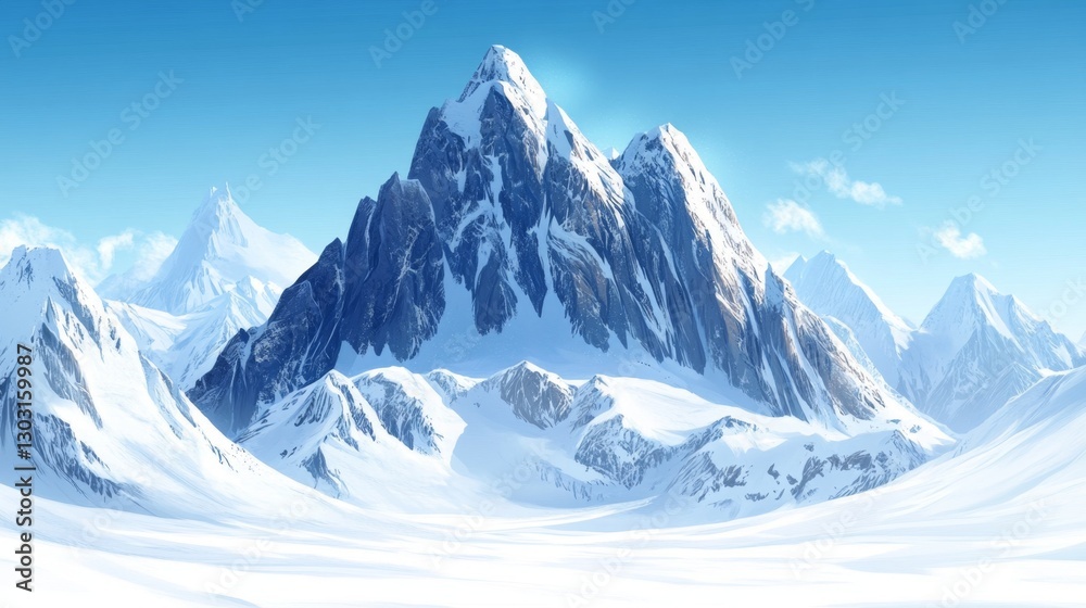 Obraz premium Snow-covered mountain peak under a clear blue sky, jagged rocks and icy slopes, majestic nature background