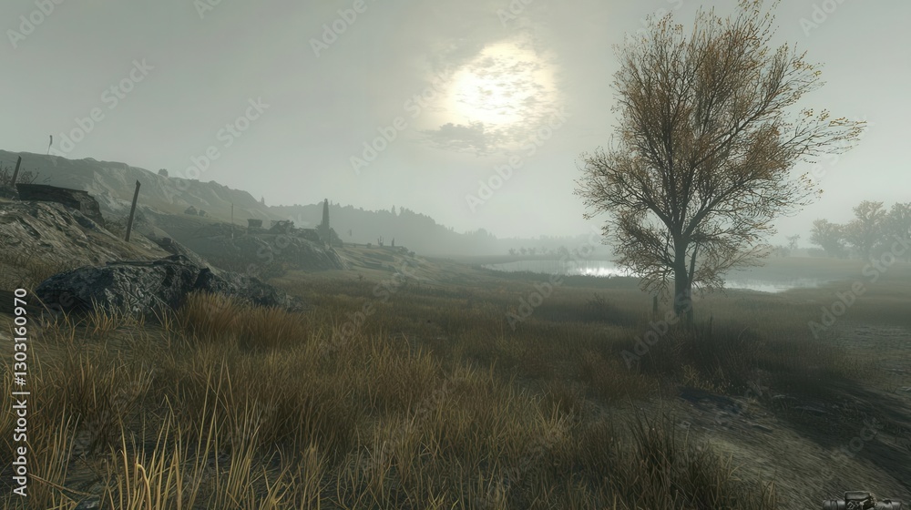 Serene autumnal landscape with hazy sunlight distant hills and a solitary tree Serene autumnal landscape with hazy sunlight distant hills and a solitary tree