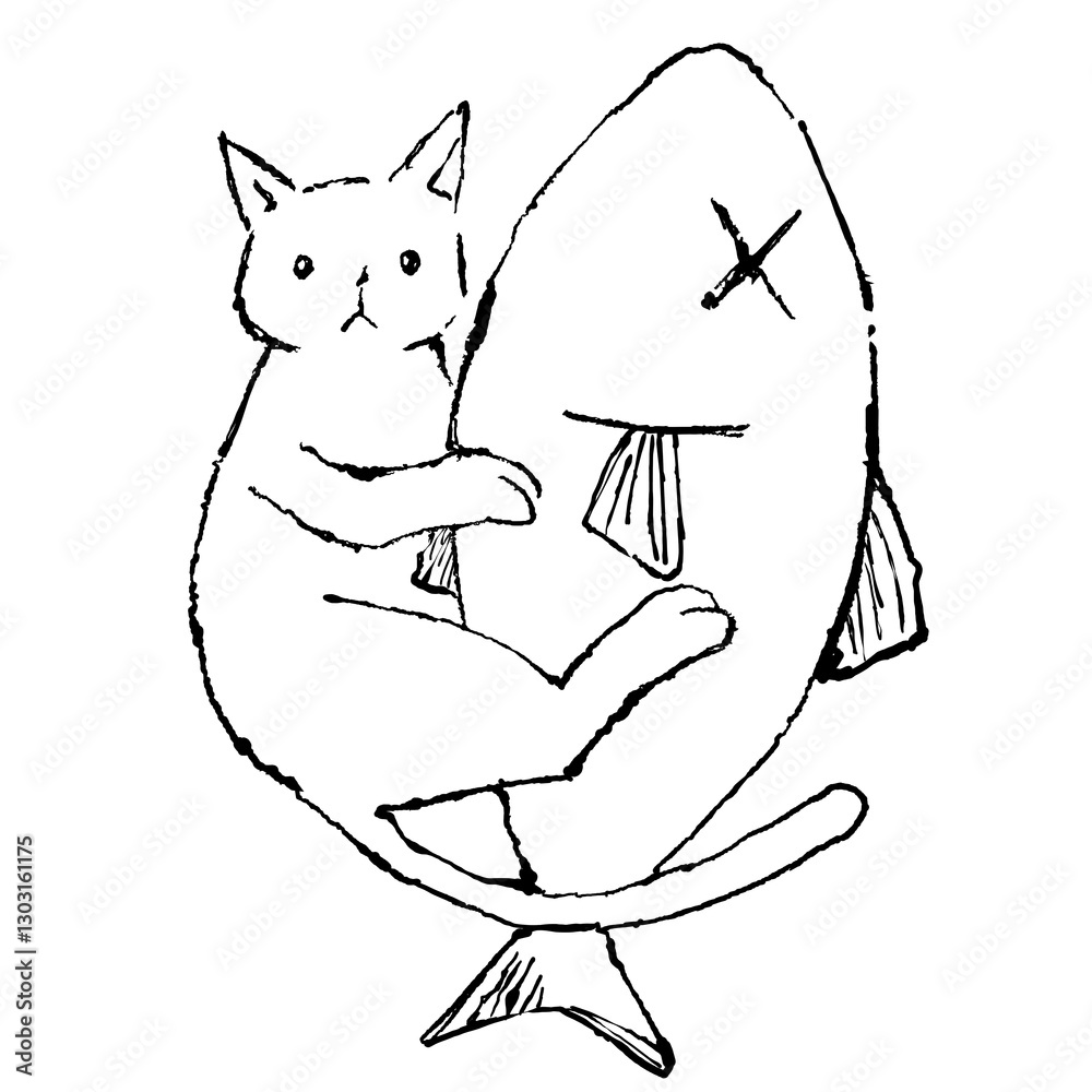 Obraz premium 猫と魚のぬいぐるみのイラスト