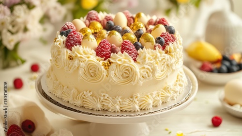 Easter cake with elaborate white chocolate details, topped with fresh berries and golden eggs photo