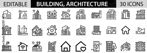 Building, Architecture icon pack design in adobe illustrator I 30 Editable Stoke I Victor File. 