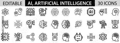 Ai, Artificial intelligence icon pack design in adobe illustrator I 30 Editable Stoke I Victor File. 